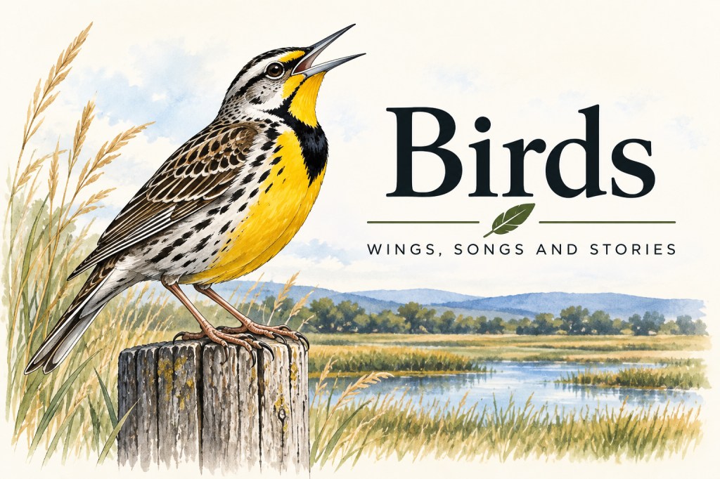 Illustrated meadowlark perched above a prairie wetland representing Birds in the Natural History Wiki.