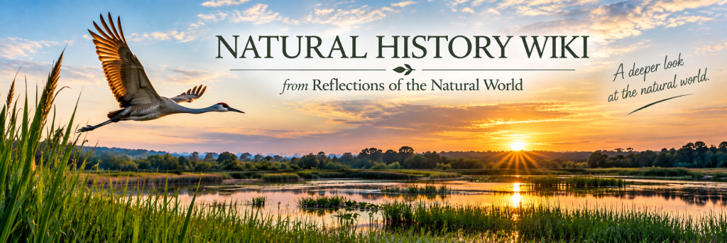 Natural History Wiki from Reflections of the Natural World — a Sandhill Crane flies over a wetland beneath the words “A deeper look at the natural world.”