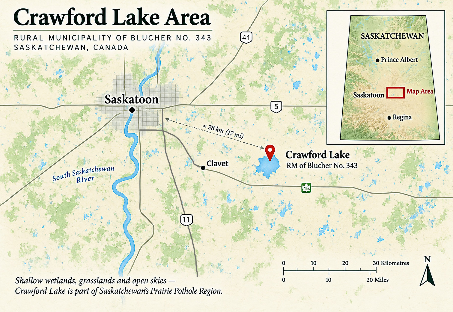 Map showing Crawford Lake southeast of Saskatoon, Saskatchewan, with Clavet and the South Saskatchewan River for geographic reference.