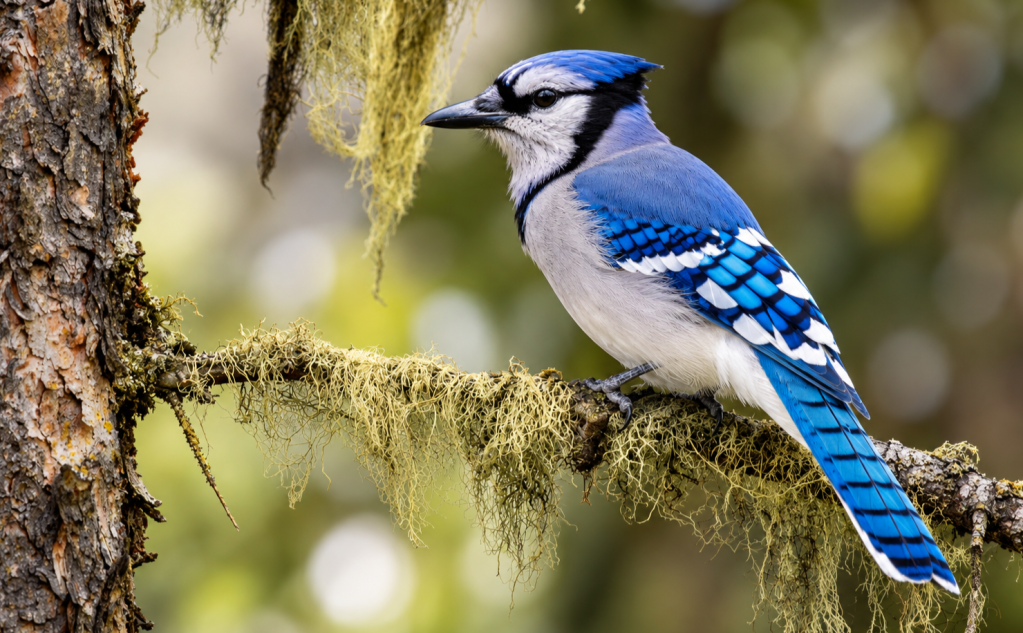 Blue Jay perched on a lichen-covered tree branch, displaying brilliant blue wings and tail, white underparts, and distinctive black-and-white facial markings against a softly blurred woodland background.