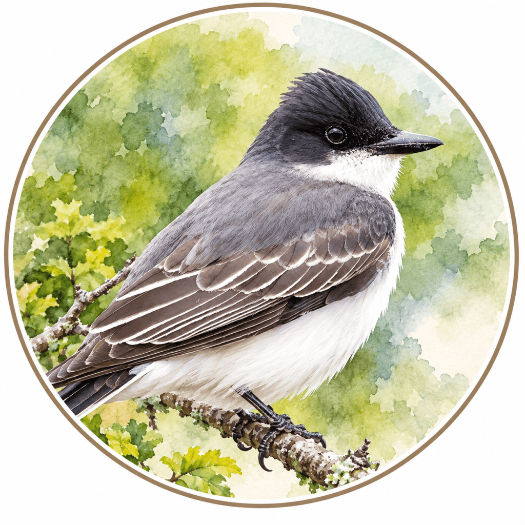 Close-up portrait of an Eastern Kingbird perched on a slender branch, showing its dark crested head, glossy black eye, pointed bill, gray upperparts, and white throat and underparts against a softly blurred green background.