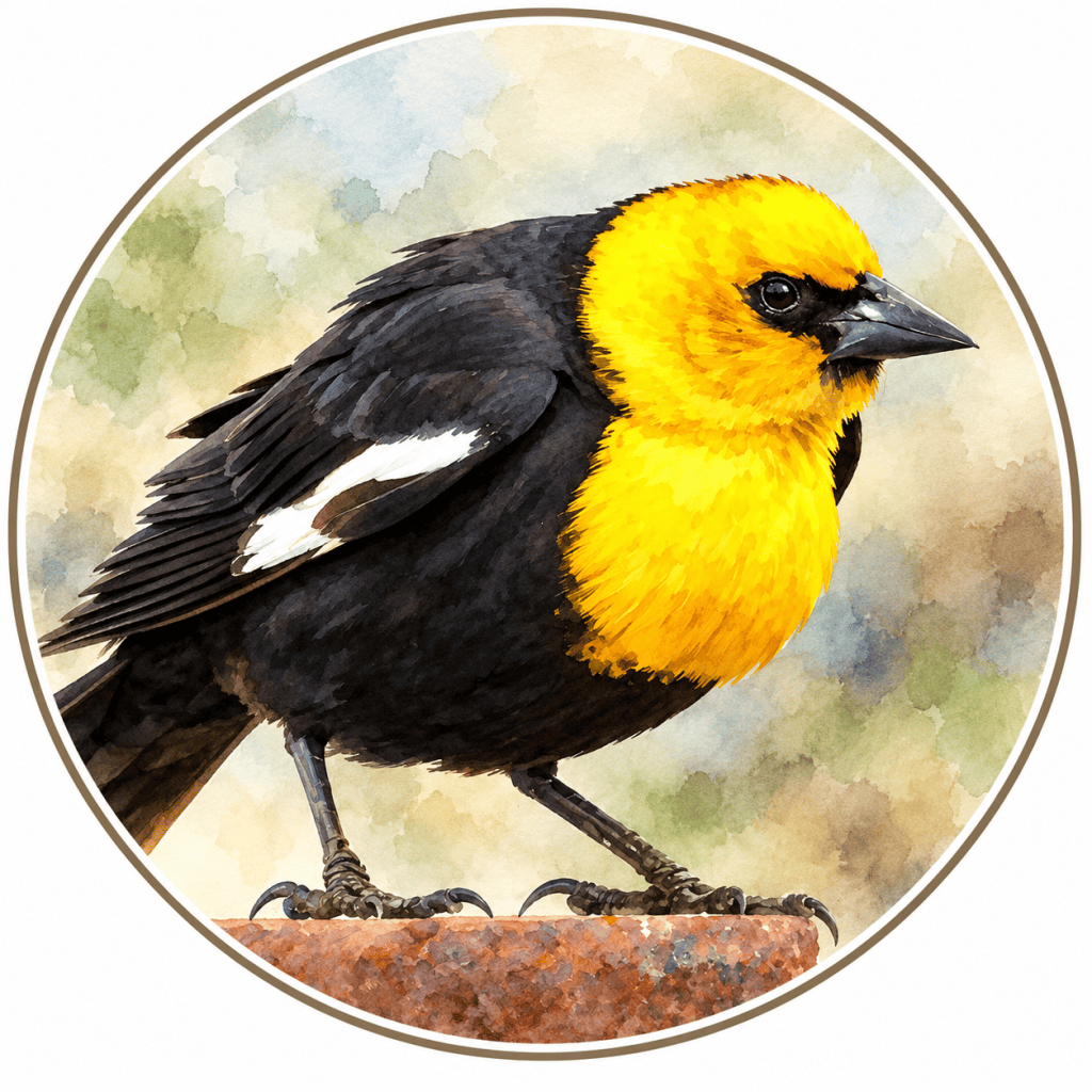 Male Yellow-headed Blackbird perched on a weathered brown post, displaying a brilliant golden-yellow head and breast, glossy black plumage, distinctive white wing patch, dark pointed bill, and alert black eye against a softly blurred neutral background.