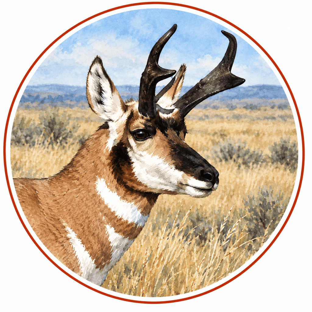 Circular watercolor illustration of a male Pronghorn facing right, featuring distinctive black, forked horns, large upright ears, dark facial markings, and tan-and-white fur against a softly painted golden prairie landscape.