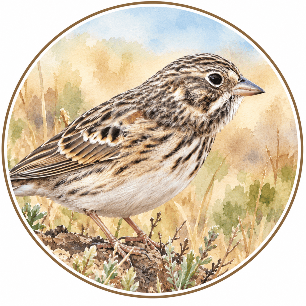 Close-up portrait of a Vesper Sparrow facing right, displaying finely streaked brown and buff plumage, a prominent white eye-ring, pale pinkish bill, and streaked breast against a softly blurred tan background.