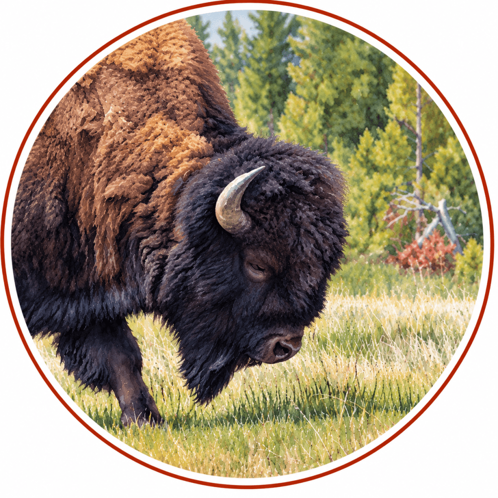 Circular watercolor illustration of an American Bison with its massive, shaggy dark-brown head lowered, a curved horn, thick shoulder hump, and woolly beard, standing in a grassy meadow against a softly painted evergreen woodland background.