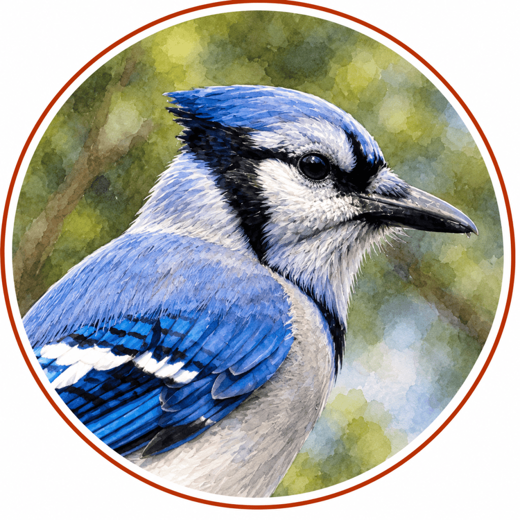 Circular watercolor illustration of a Blue Jay facing right, featuring its prominent blue crest, black facial markings, pale gray-white underparts, and brilliant blue wing feathers with black-and-white barring against a softly painted woodland background.
