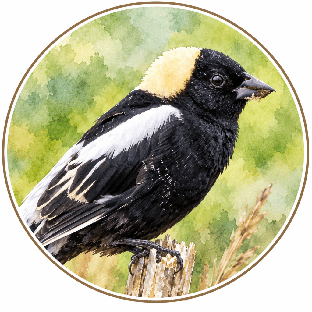 Close-up portrait of a male Bobolink in breeding plumage, facing right, displaying a glossy black head and body, creamy golden nape, bold white shoulder patches, dark eye, and stout pointed bill against a softly blurred green background.