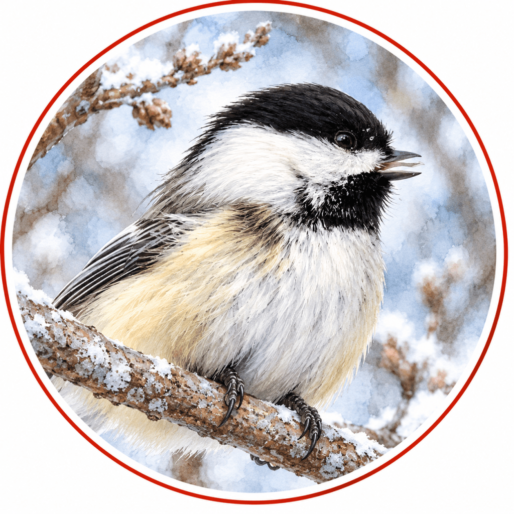 Circular watercolor illustration of a Black-capped Chickadee perched on a snow-covered branch, showing its black cap and throat, white cheeks, soft gray back, and buff-colored flanks against a pale blue winter background.