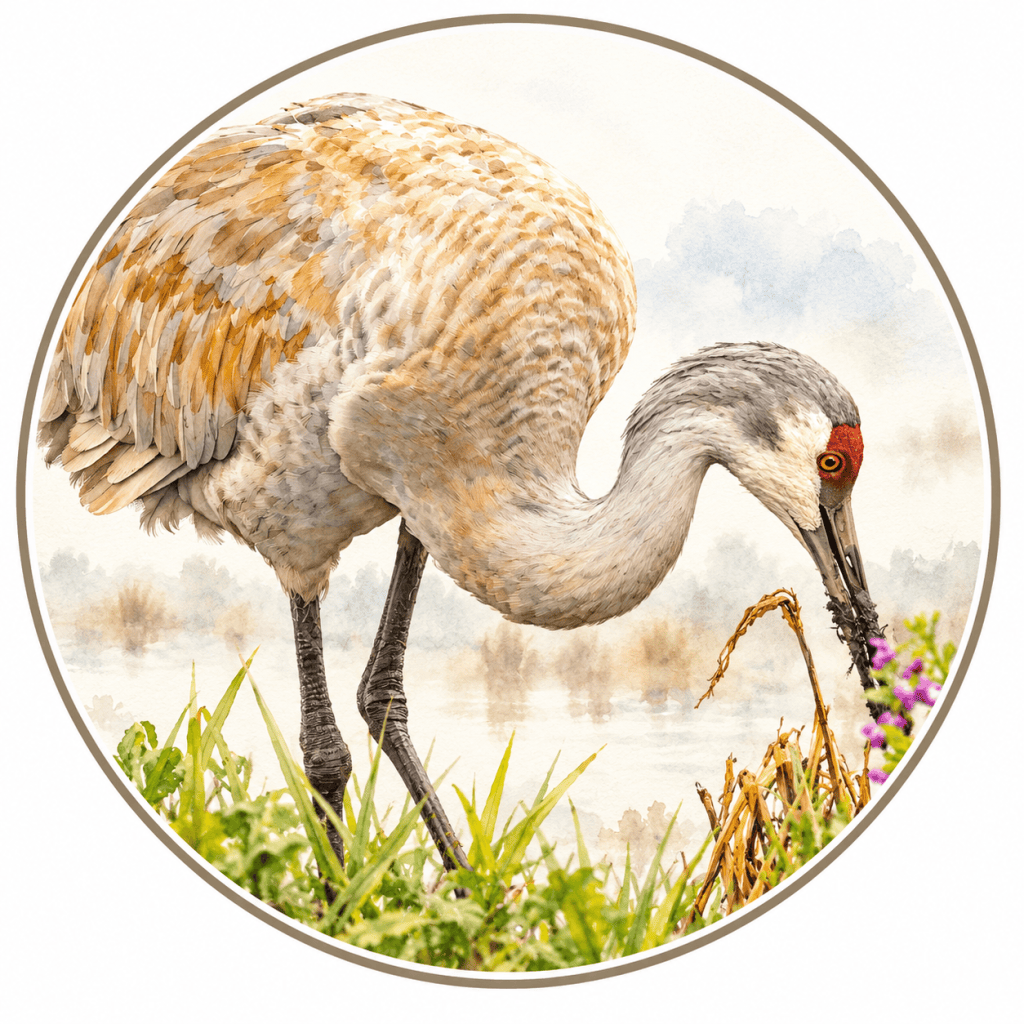 Sandhill Crane bending its long neck to forage among wetland vegetation, displaying warm brown and gray feathering, a distinctive red crown, and a bright orange eye, with delicate purple wildflowers in the foreground.