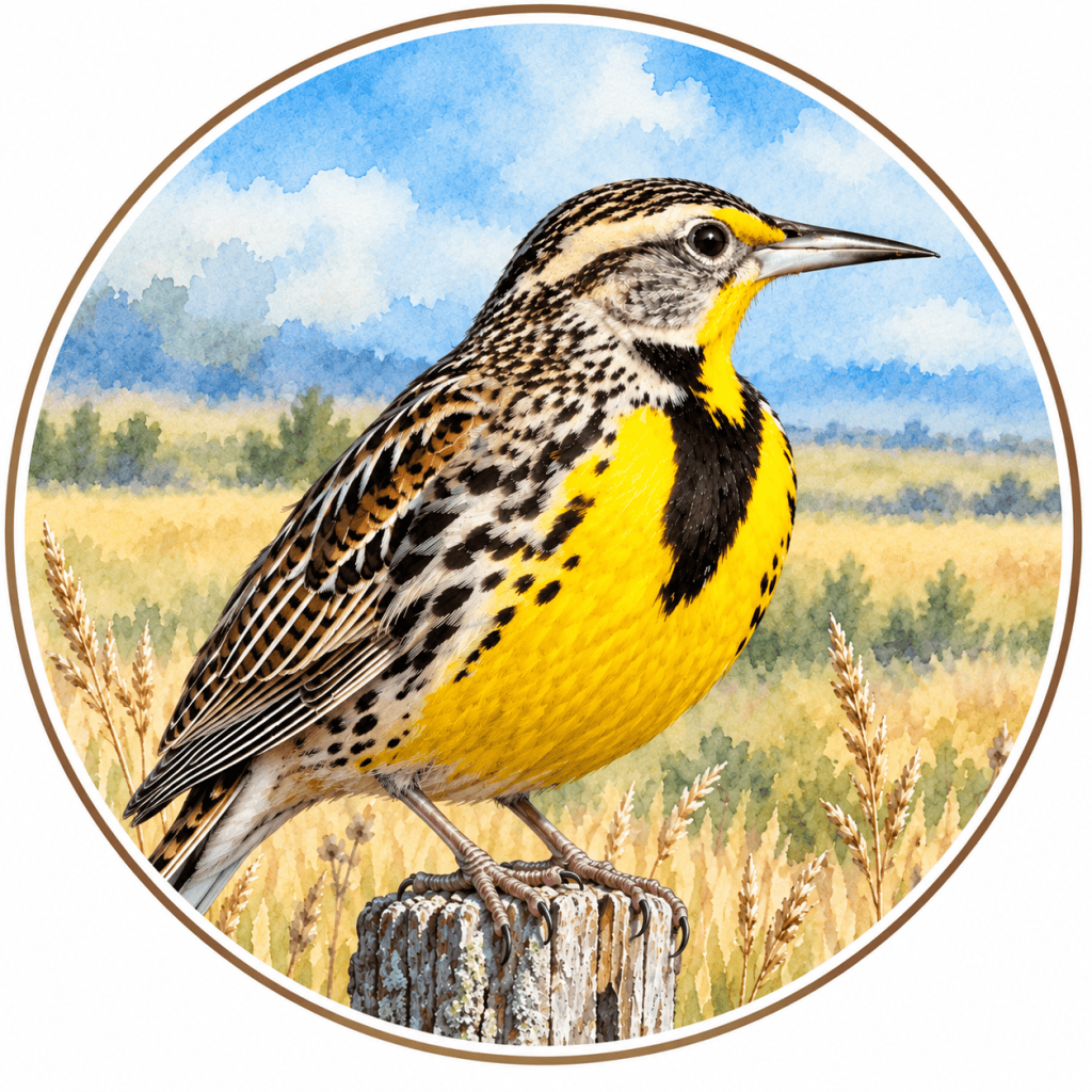 Circular watercolor portrait of a singing Western Meadowlark (Sturnella neglecta), showing its open bill, bright yellow throat and breast, bold black V-shaped chest marking, and intricately streaked brown plumage against a soft blue sky and grassland background.