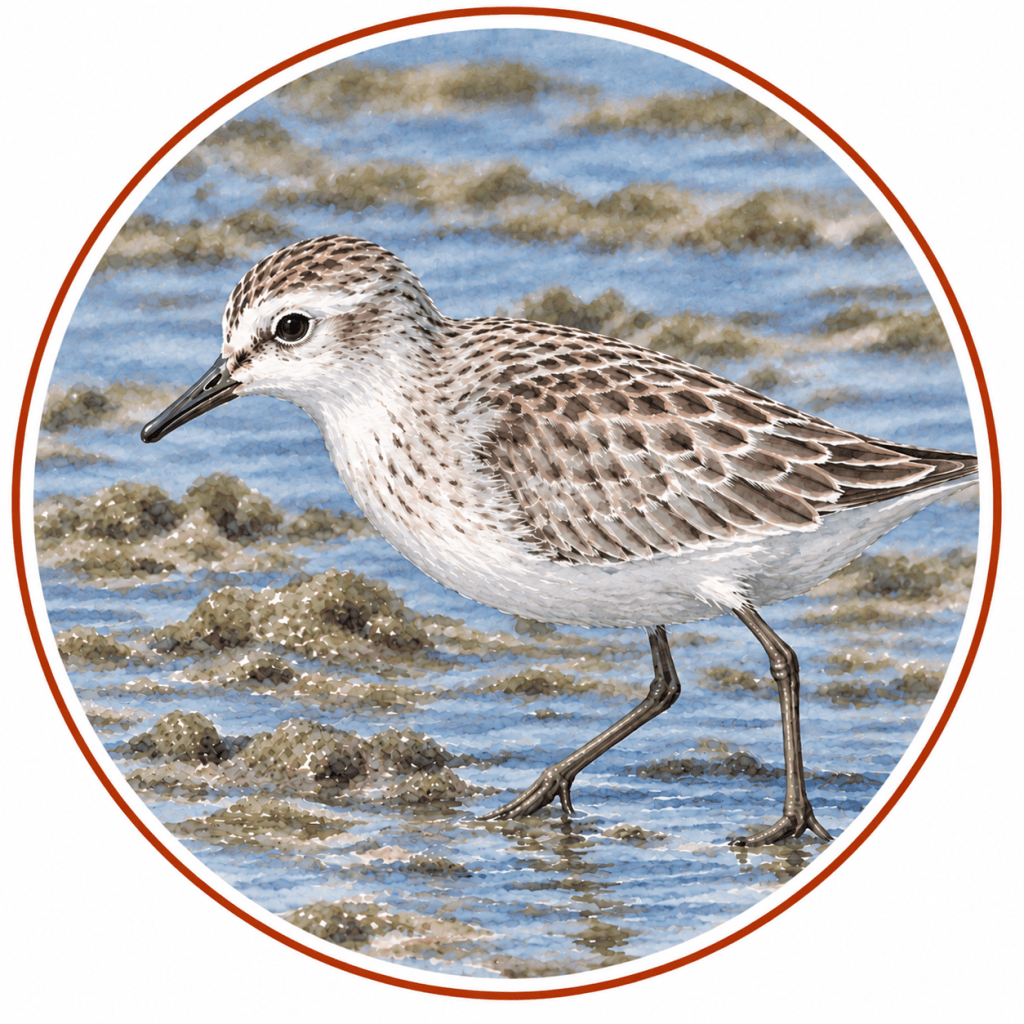 Circular watercolor illustration of a Semipalmated Sandpiper facing left, showing its short, dark bill with a subtly rounded tip, pale gray-brown plumage, white underparts, and dark legs against a soft blue-gray mudflat background.