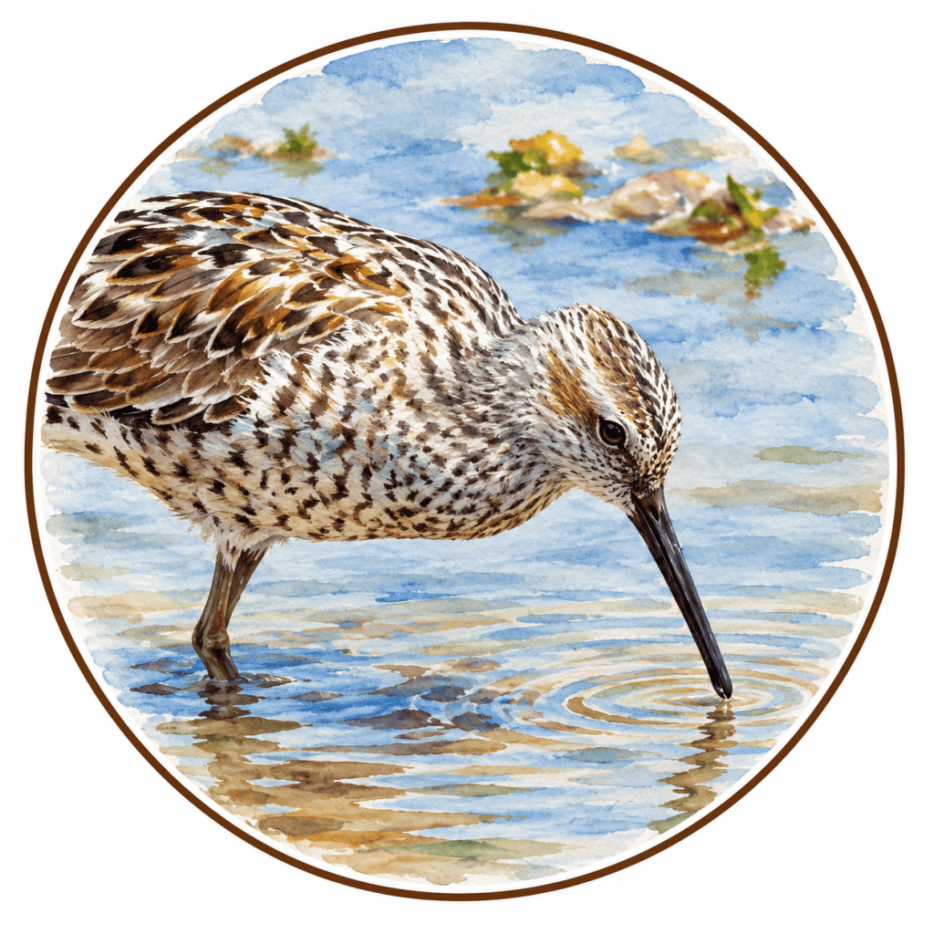 Circular watercolor illustration of a Stilt Sandpiper (Calidris himantopus) feeding in shallow water, showing its long, slightly downcurved dark bill, finely streaked head and breast, and intricately patterned brown-and-white plumage against a soft blue wetland background.