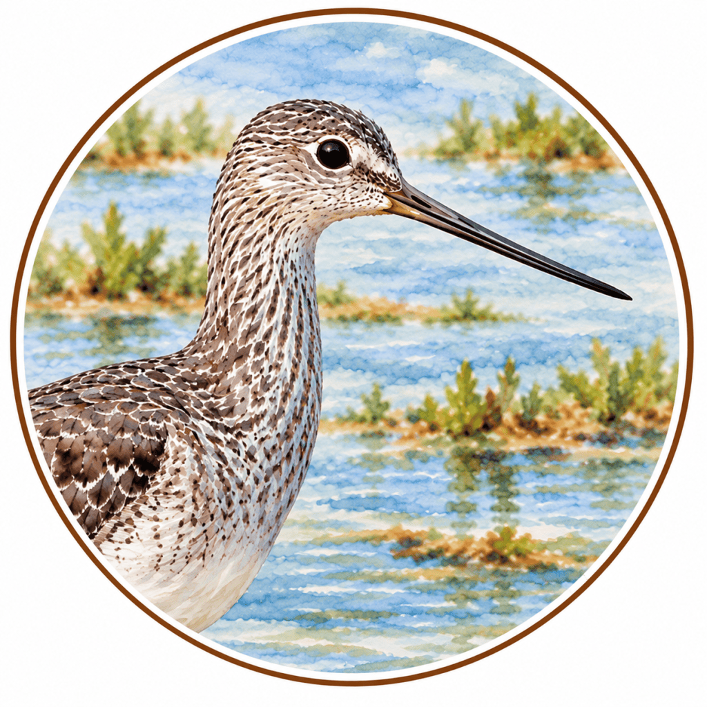 Circular watercolor portrait of a Greater Yellowlegs (Tringa melanoleuca) facing right, showing its long, dark, slightly upturned bill, prominent dark eye, and finely streaked brown-and-white plumage against a soft blue wetland background with scattered green vegetation.