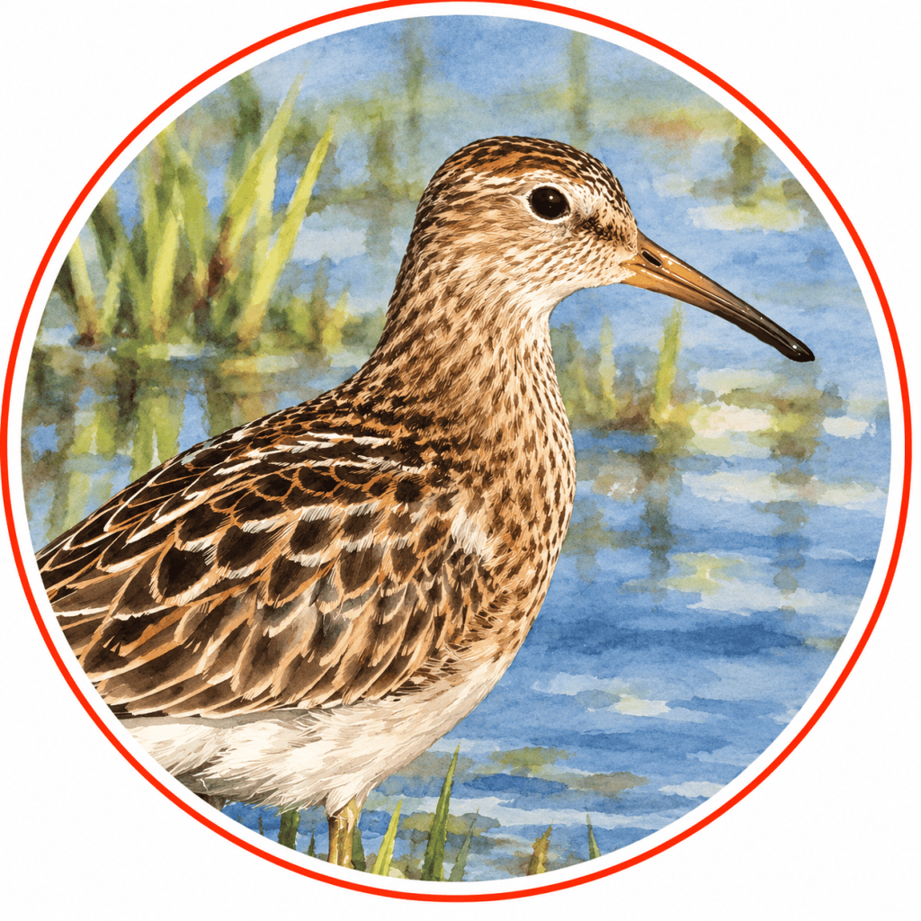 Circular watercolor illustration of a Stilt Sandpiper facing right, showing richly patterned brown-and-buff plumage, a dark eye, and a long, slender, slightly downcurved bill with a yellowish base and dark tip, against a softly painted blue wetland with green marsh grasses.