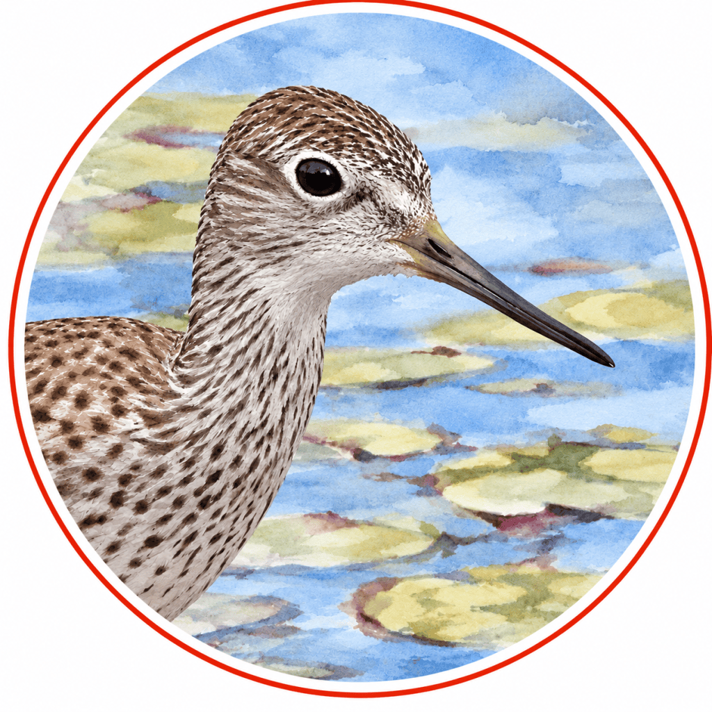Circular watercolor illustration of a Stilt Sandpiper facing left, showing finely streaked brown-and-white plumage, a dark eye, and a long, slender, slightly downcurved gray bill with a muted olive base, against a softly painted wetland background.