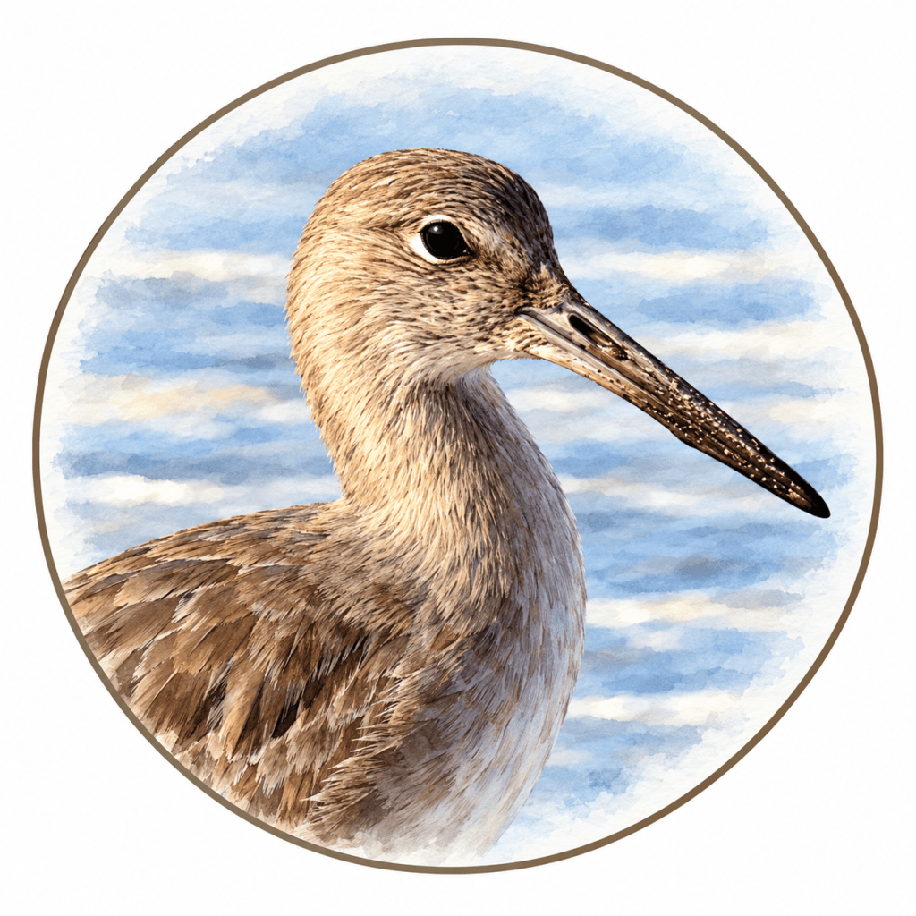 Watercolor-style portrait of a Willet (Tringa semipalmata) showing its brown, finely streaked head, dark eye, long straight bill, and upper body against a soft blue background, enclosed in a thin circular border.